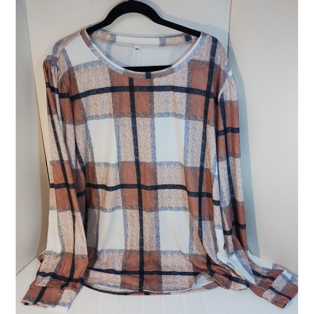 Alaroo Womens 3XL Plaid Long Sleeve Top Brown White Crew Neck Autumn Fall Layers